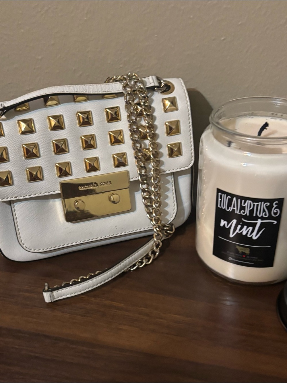 Michael Kors White Leather Studded Crossbody with Gold Chain